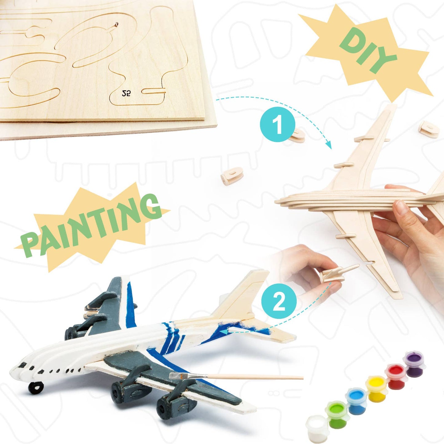 3D Wooden Puzzle with Paint Kit: Civil Airplane