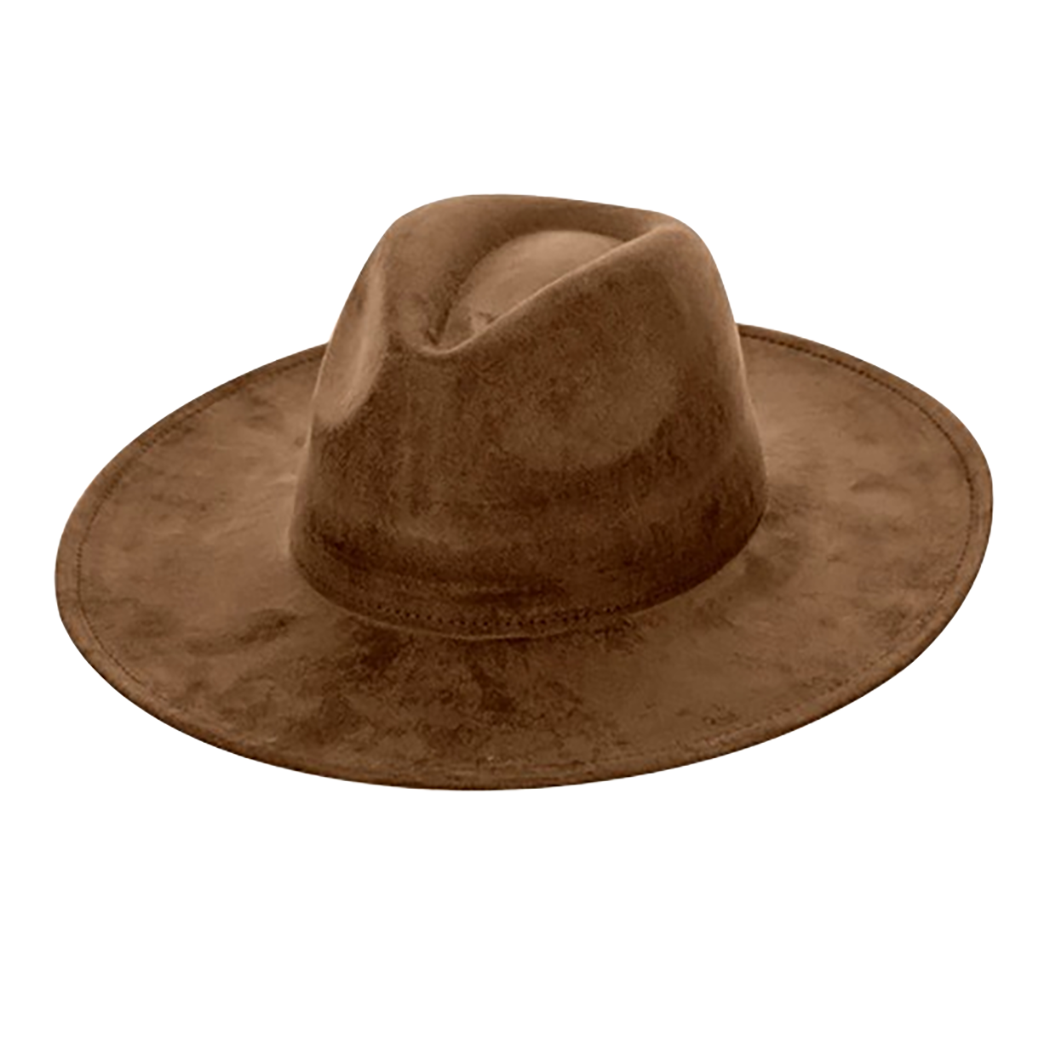 Vegan Suede Cowboy Hat - Flat Brim, Adjustable Fit: Brown