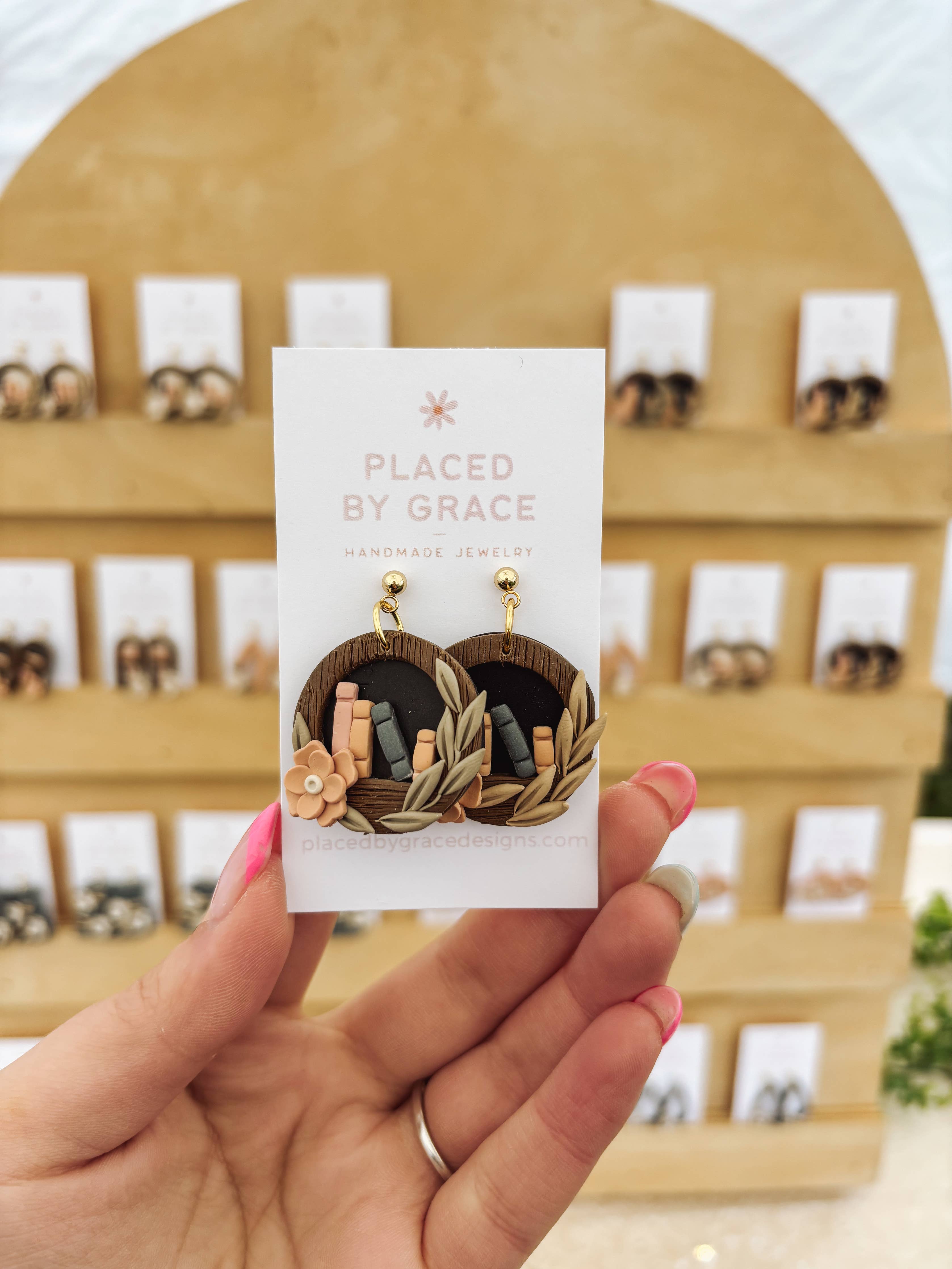 Circle Bookshelf Earrings, book earrings, bookish: Beige