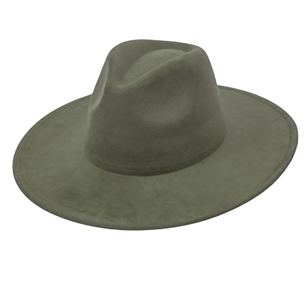 Vegan Suede Cowboy Hat - Flat Brim, Adjustable Fit: Olive