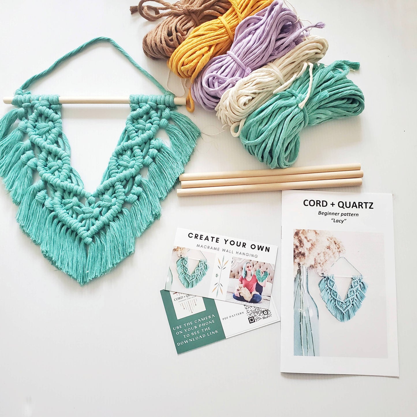Macrame wall hanging DIY craft kit. "lacy" Beginner friendly: Red / QR code