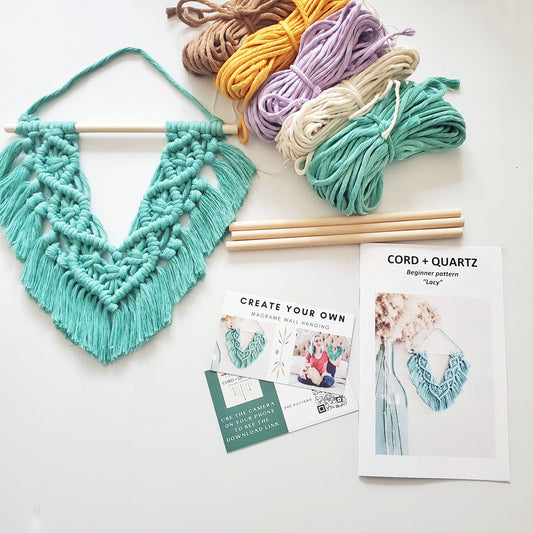 Macrame wall hanging DIY craft kit. "lacy" Beginner friendly: Green / QR code