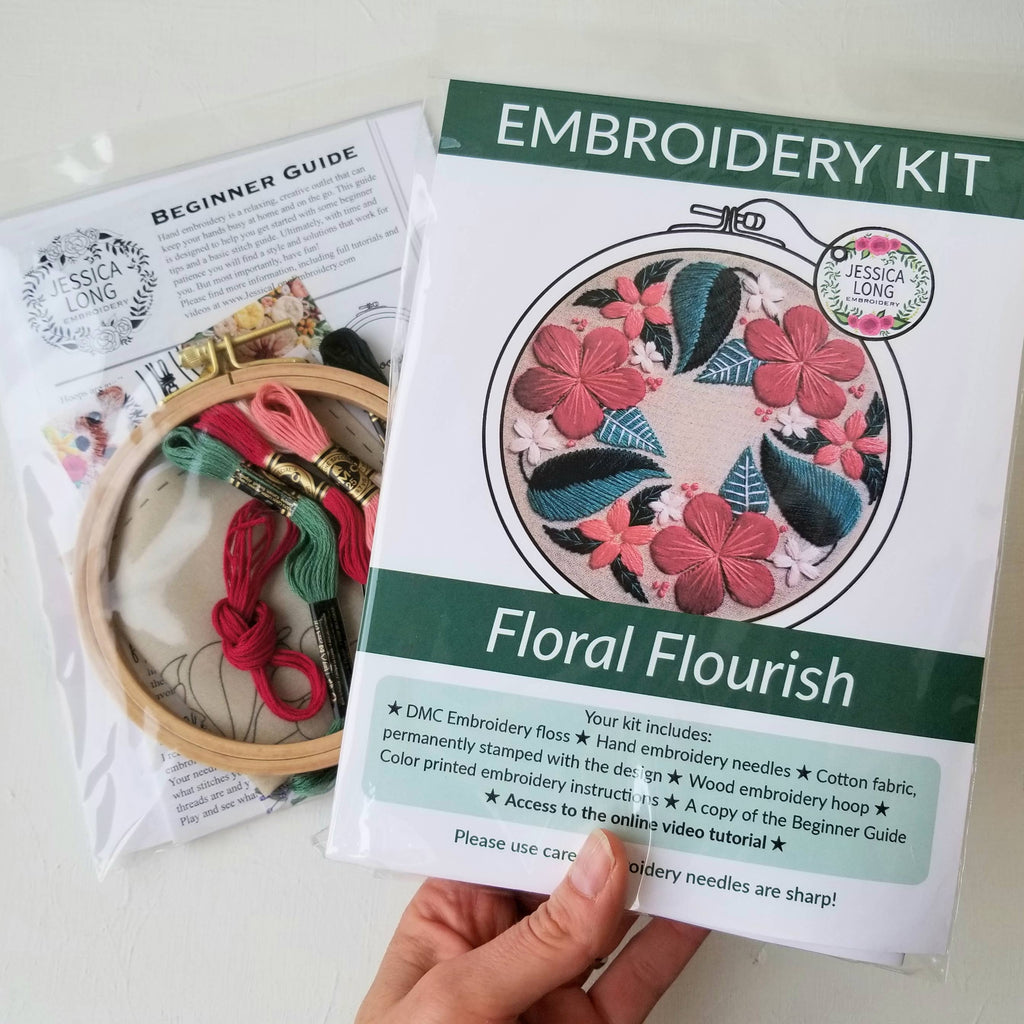 Floral Flourish Beginner Embroidery Kit: Light taupe fabric