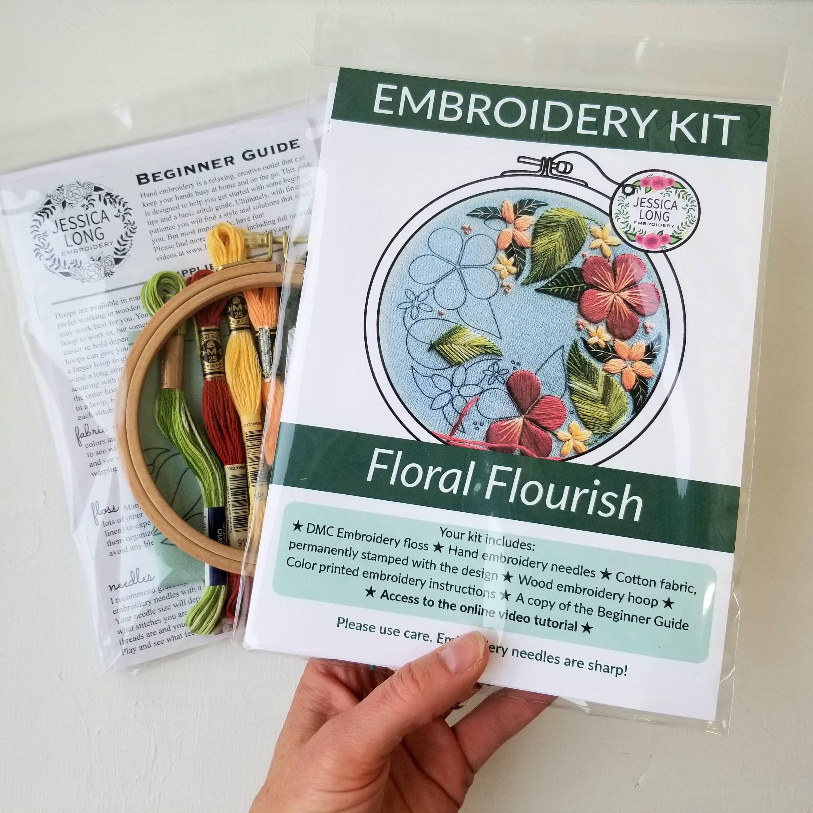 Floral Flourish Beginner Embroidery Kit: Light taupe fabric