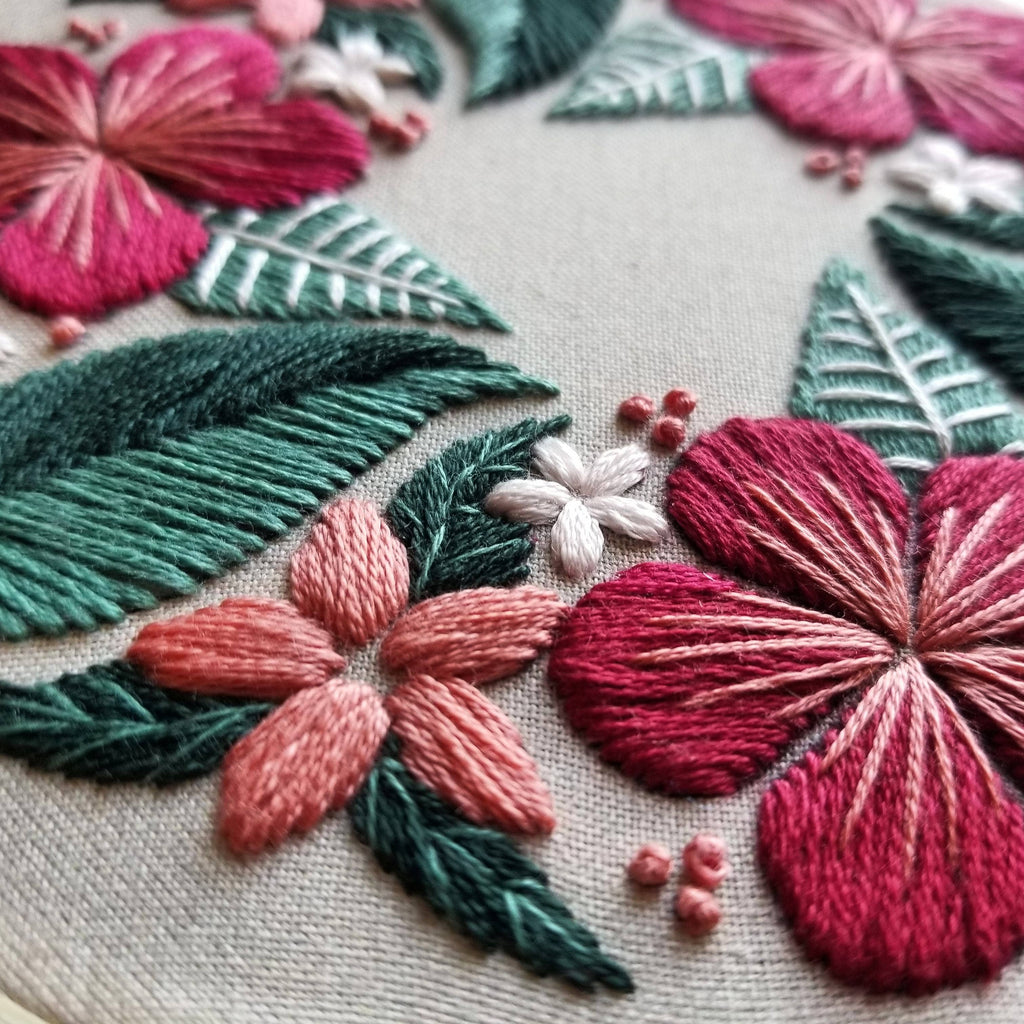 Floral Flourish Beginner Embroidery Kit: Light taupe fabric